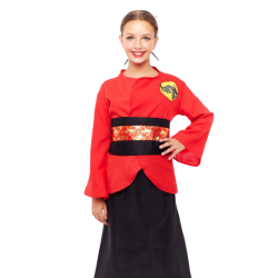 Disfraz de China Rojo Negro con Camisa, Falda y Cinturón para Niña Infantil