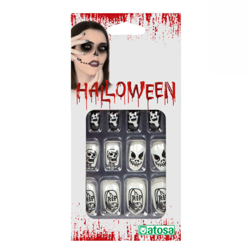 Kit de 12 Uñas Postizas Halloween - Calaveras, Lápidas y Fantasmas